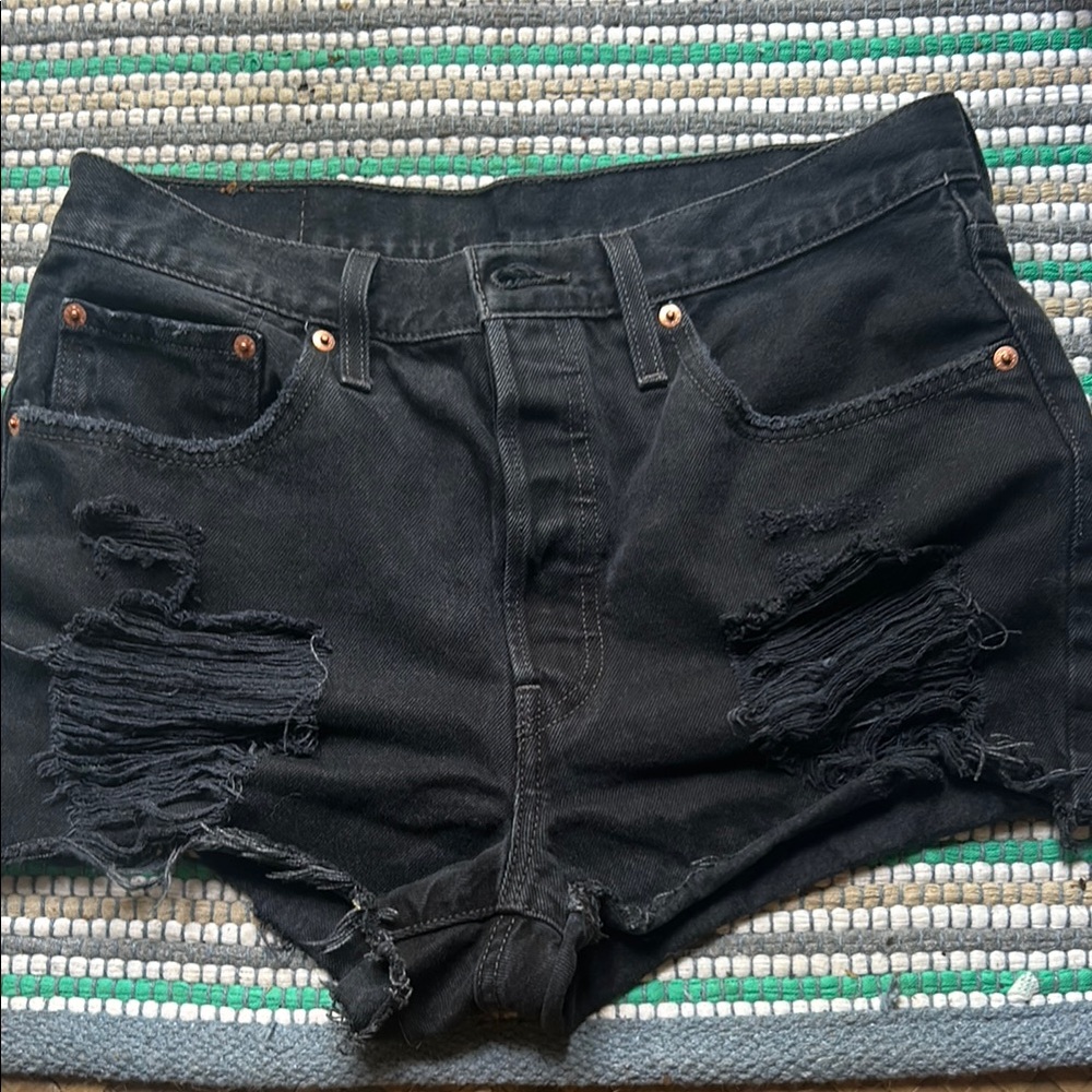 Distressed Black Denim Shorts